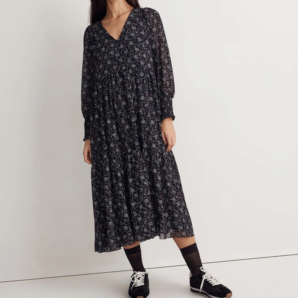 Madewell Georgette V-Neck Tiered Midi Dress in Enchanted Floral